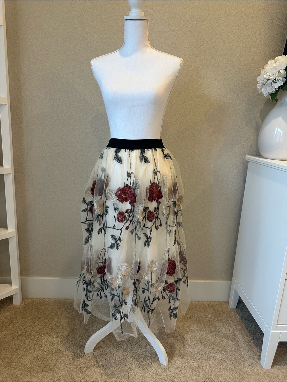 Chicwish Ivory Tulle Midi Skirt with Black Waistband and Red Floral Embroidery
